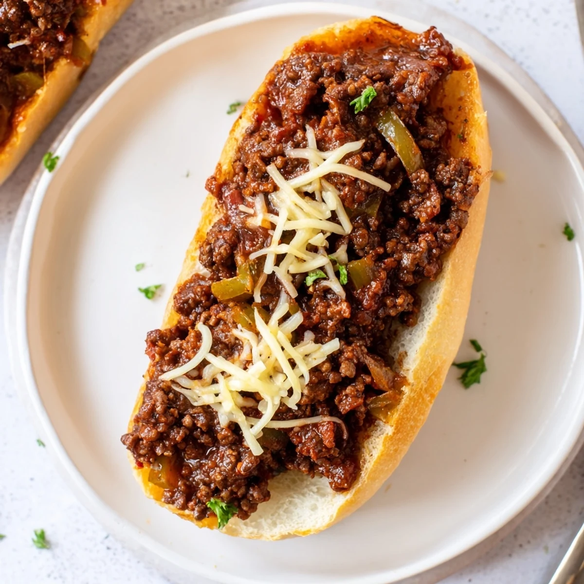Toasted Garlic Bread Sloppy Joes topped with browned beef and parsley  