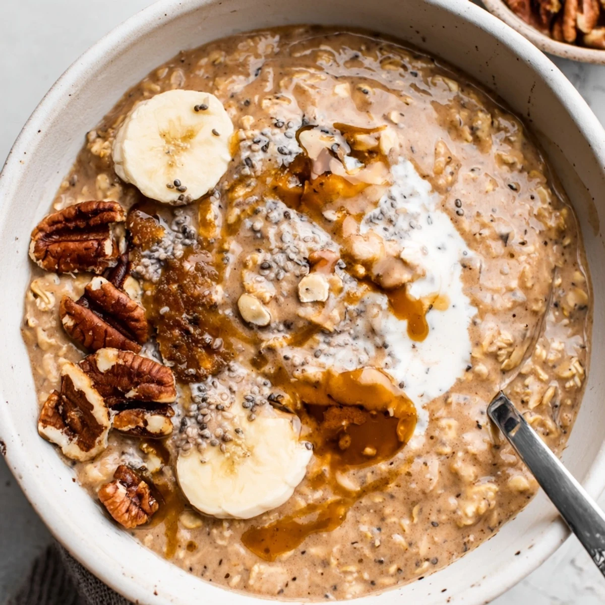 Creamy Brown Sugar Coffee Overnight Oats topped with banana and toasted nuts