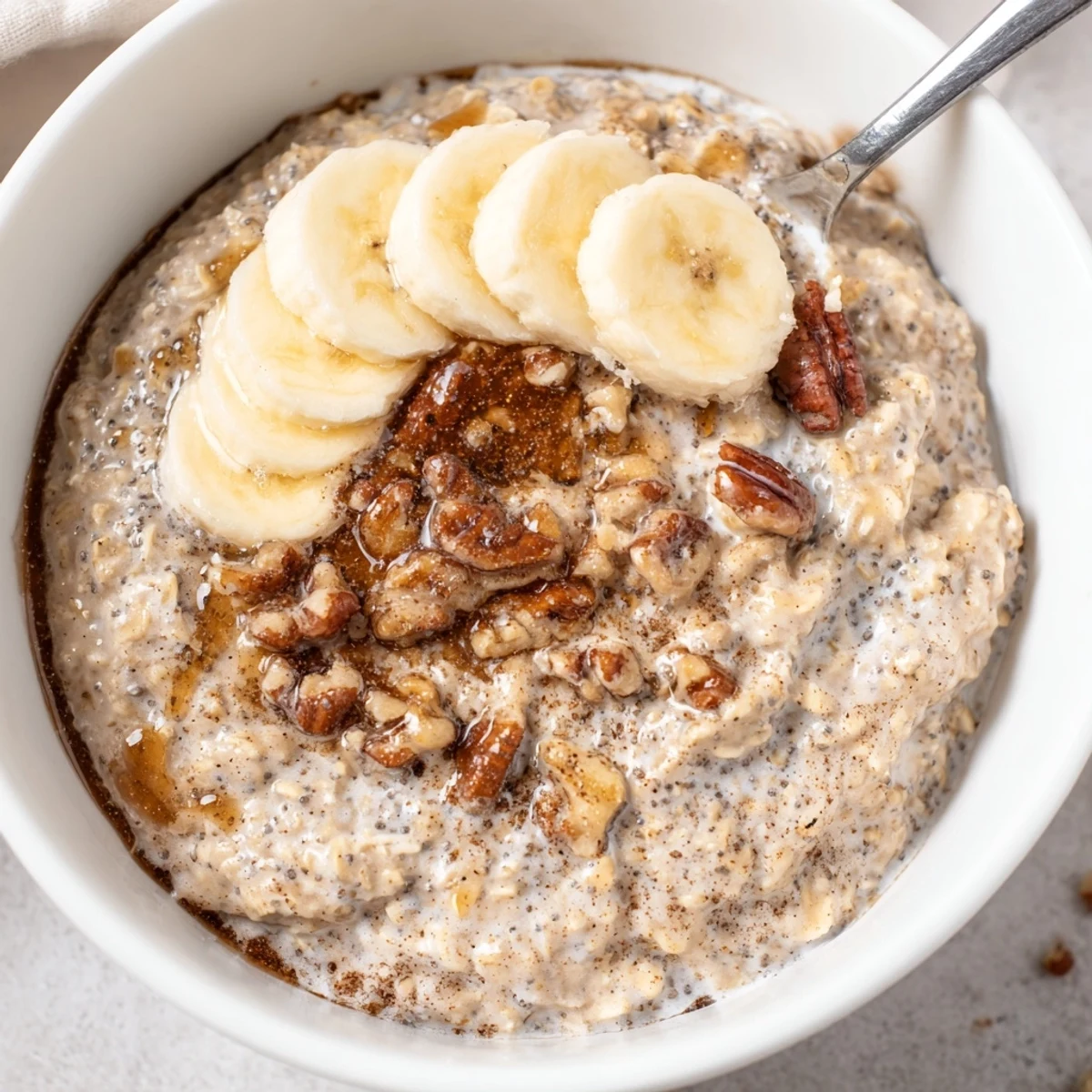 Chilled Brown Sugar Coffee Overnight Oats in mason jar, topped with toasted pecans