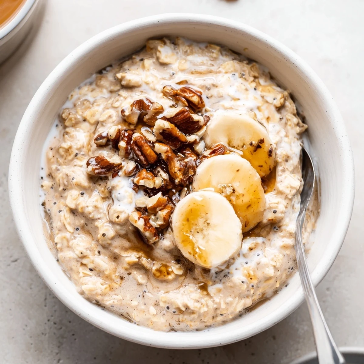Velvety Brown Sugar Coffee Overnight Oats prepped ahead, fragrant coffee and vanilla notes