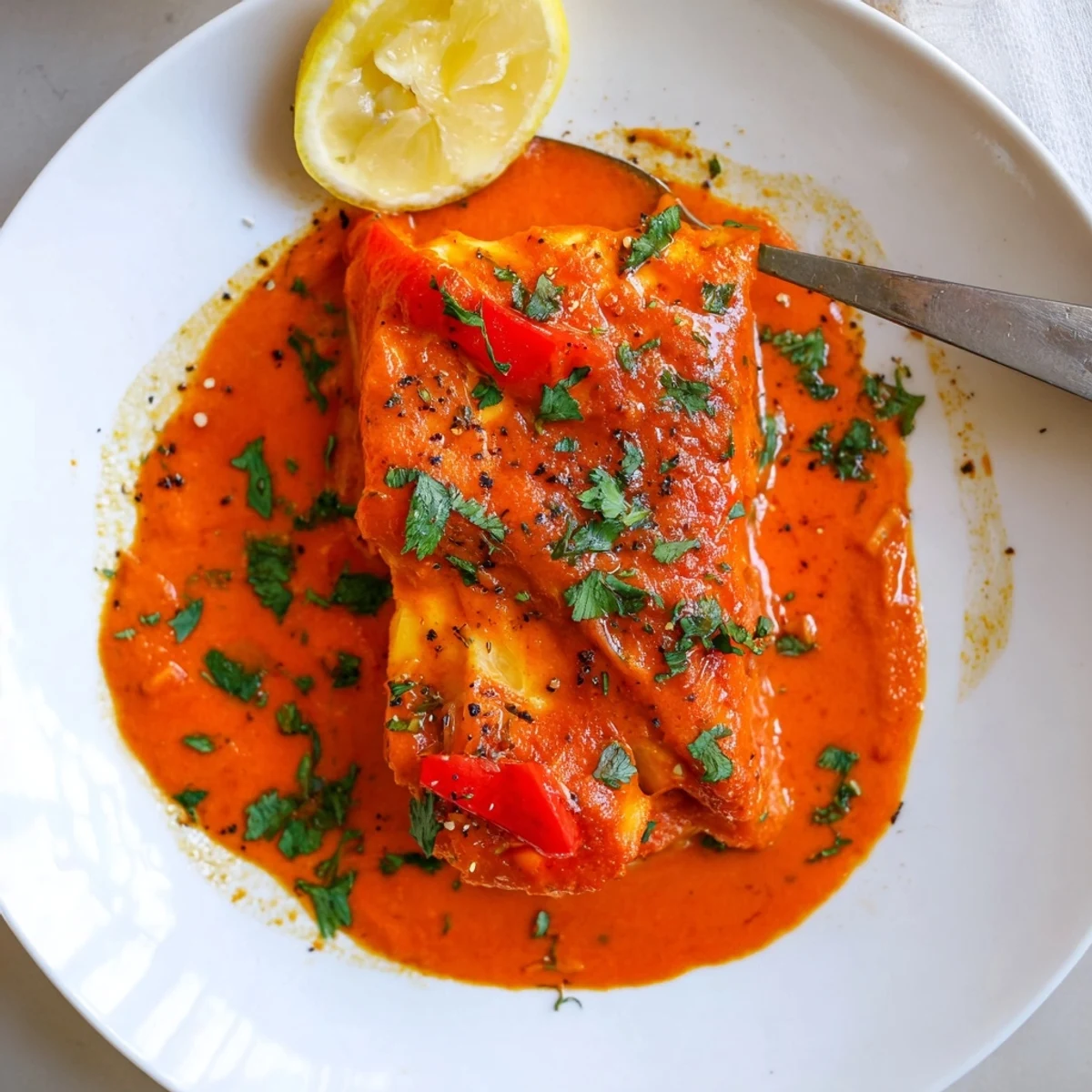 Cod In Roasted Red Pepper Sauce spooned over flaky fillets, lemon wedges.