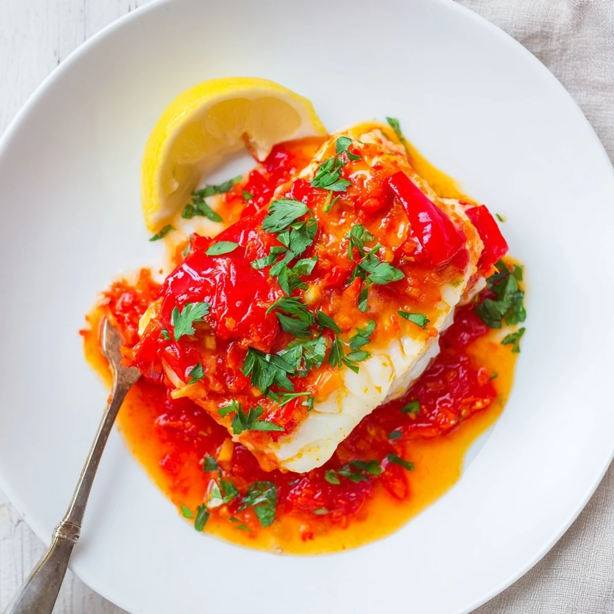Pan-poached Cod In Roasted Red Pepper Sauce glistening, garnished with parsley.