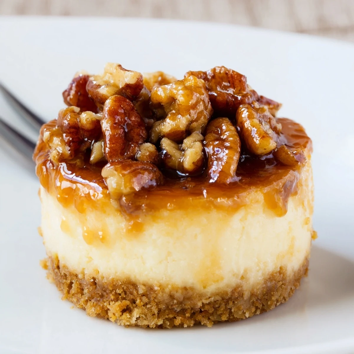Mini Pecan Pie Cheesecakes with glossy pecan topping and creamy, velvety filling