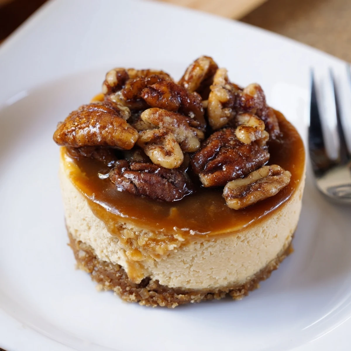 Baked Mini Pecan Pie Cheesecakes cooling in muffin tin, nutty caramel aroma