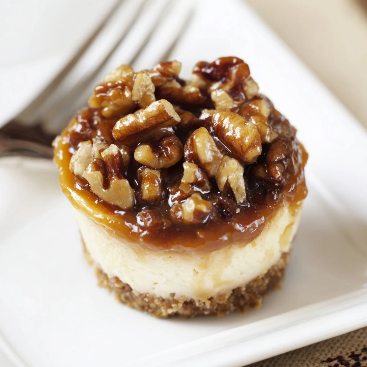 Serve chilled Mini Pecan Pie Cheesecakes topped with toasted pecans and whipped cream