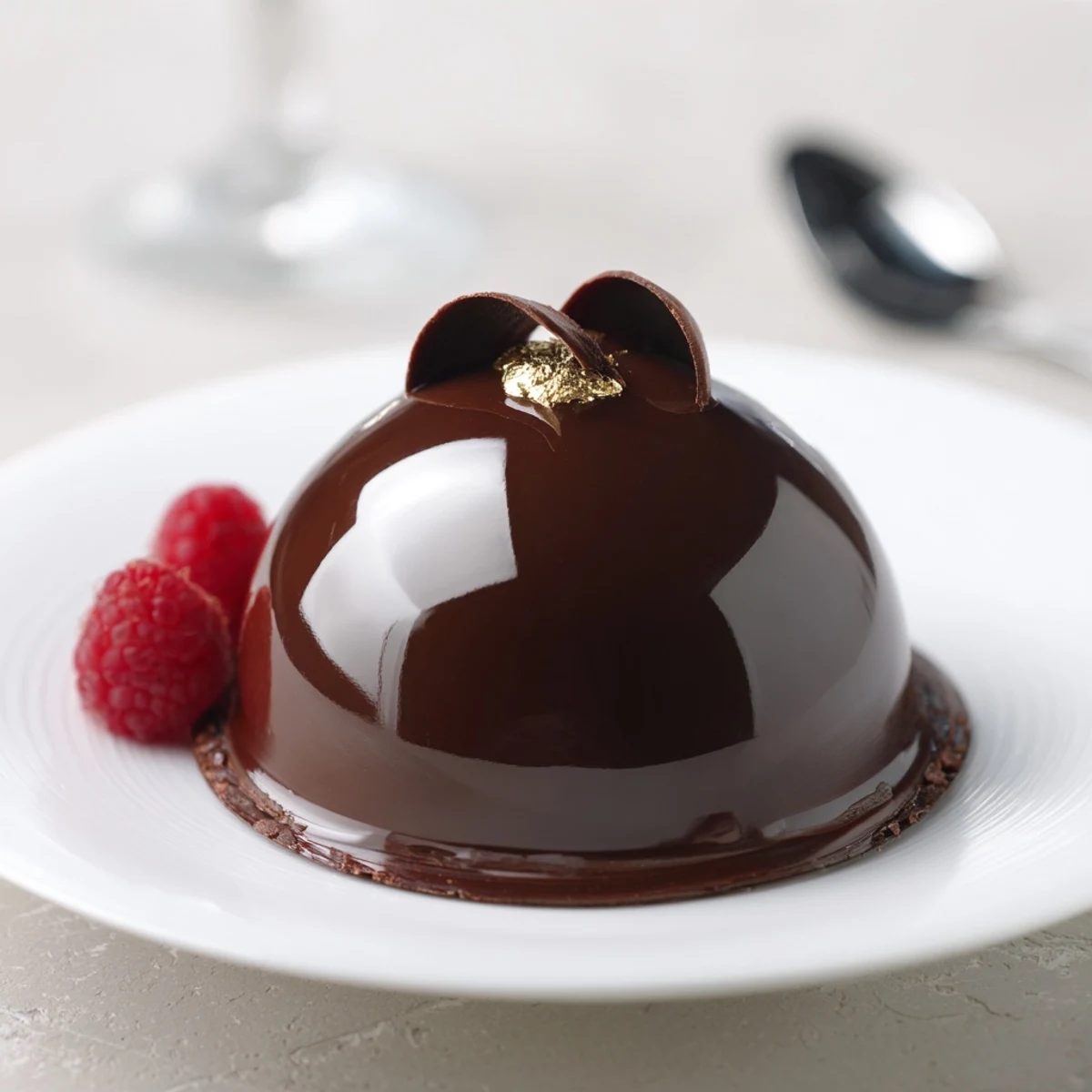 Elegant Chocolate Mascarpone Dome Dessert With Glossy Shells, silken mousse gleaming on plate
