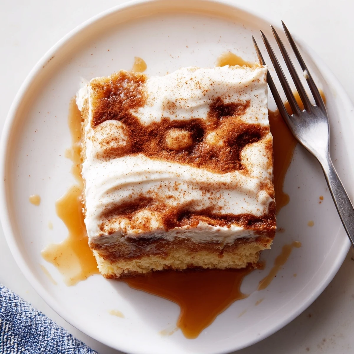 Iced Cinnamon Roll Poke Cake on serving dish, fork ready for indulging