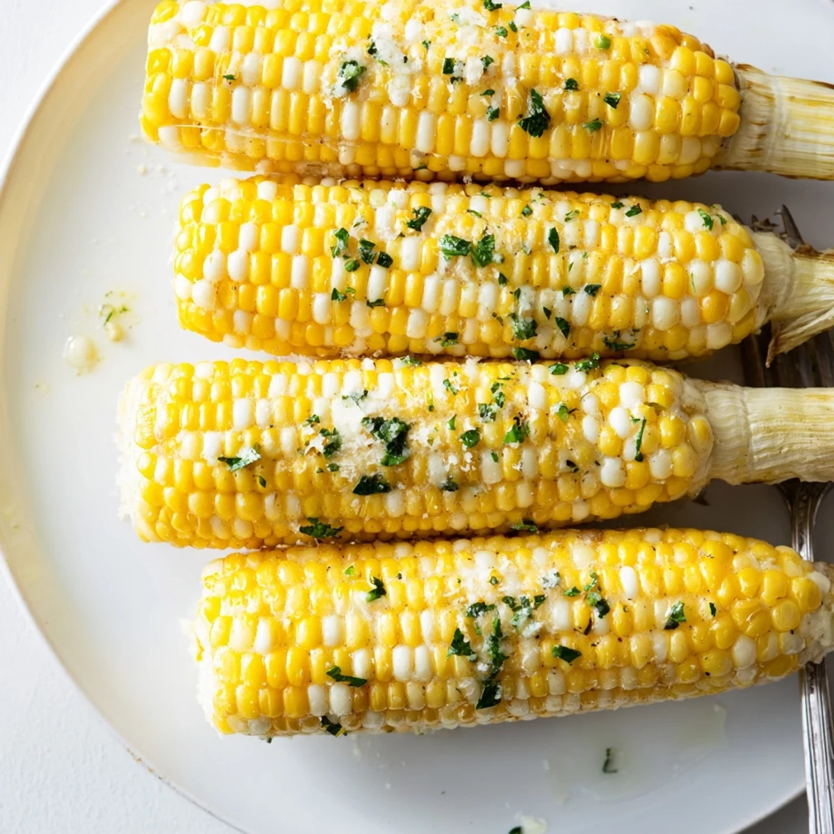 Garlic Parmesan Corn On The Cob, grilled with buttery garlic and charred kernels