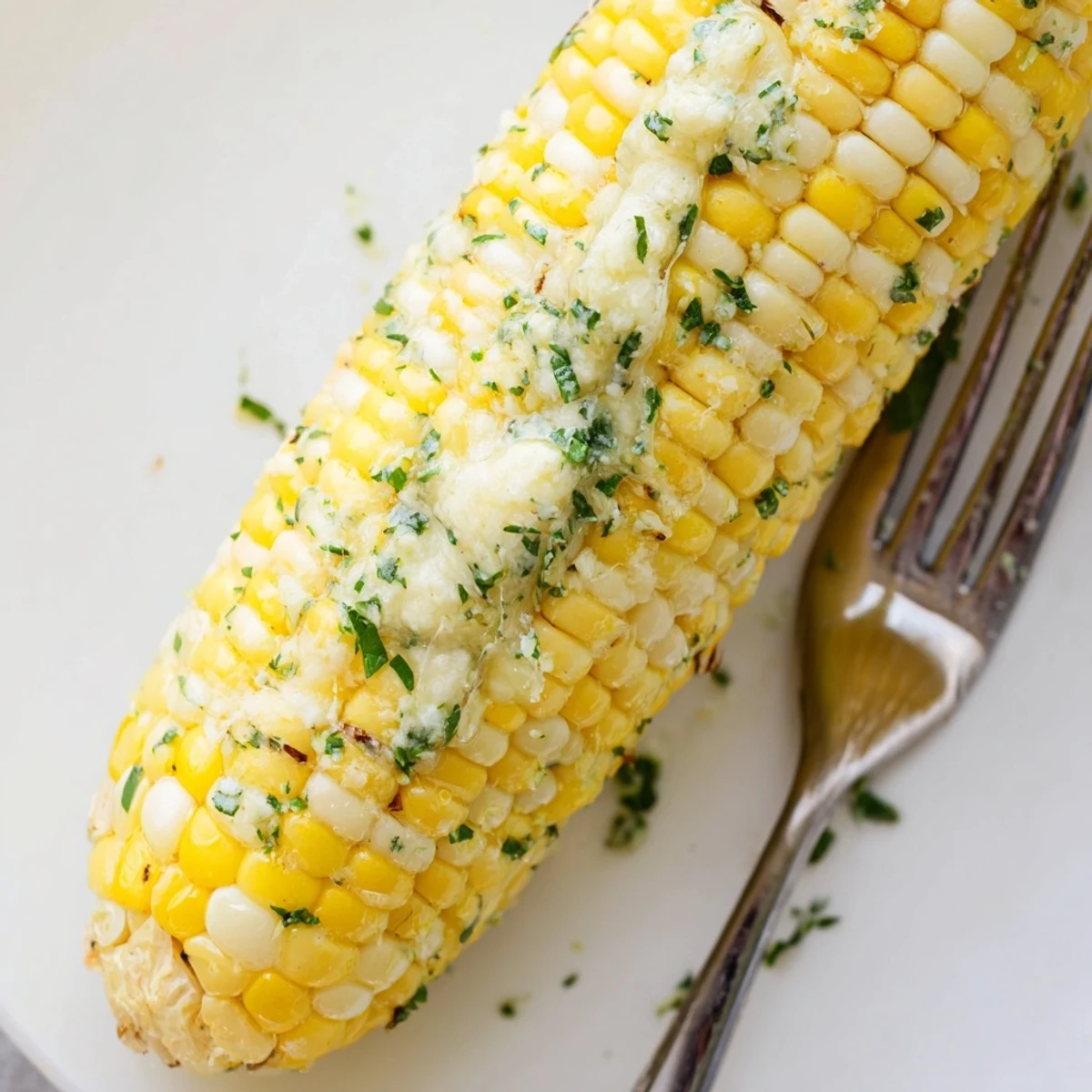 Warm Garlic Parmesan Corn On The Cob topped with melting cheese and parsley