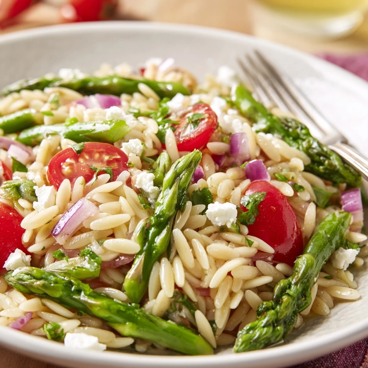 Asparagus Orzo Salad With Lemon Vinaigrette piled in bowl, bright citrus sheen