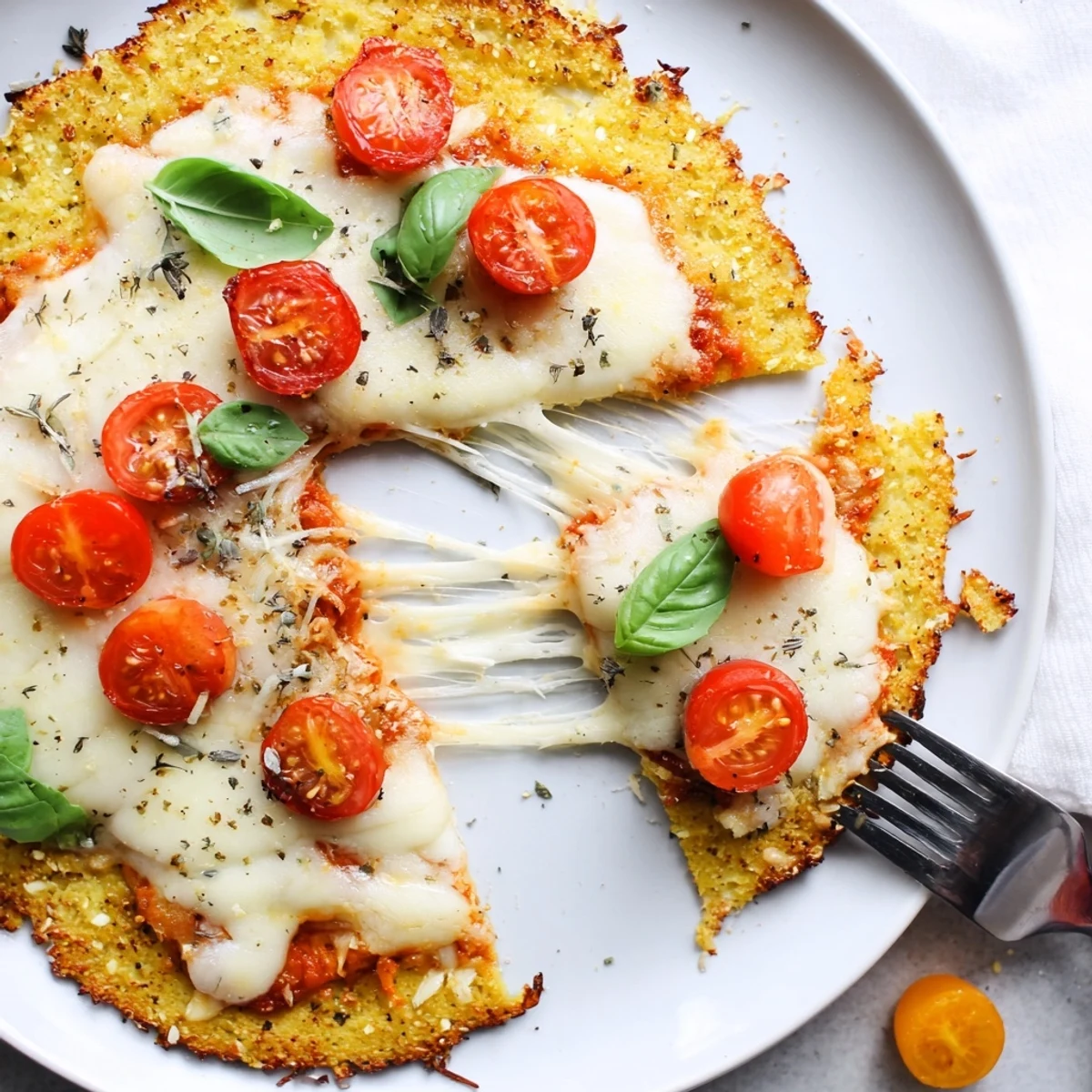 Warm Stone Baked Cheesy Cauliflower Keto Pizza garnished with fresh basil leaves