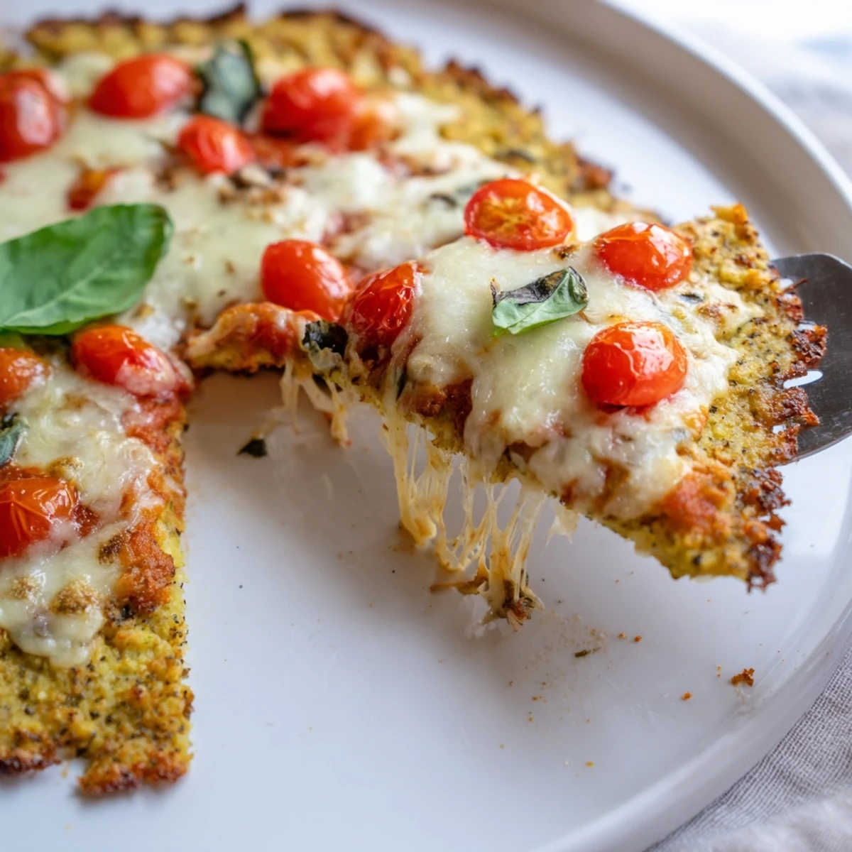 Stone Baked Cheesy Cauliflower Keto Pizza with bubbling cheese and golden crust