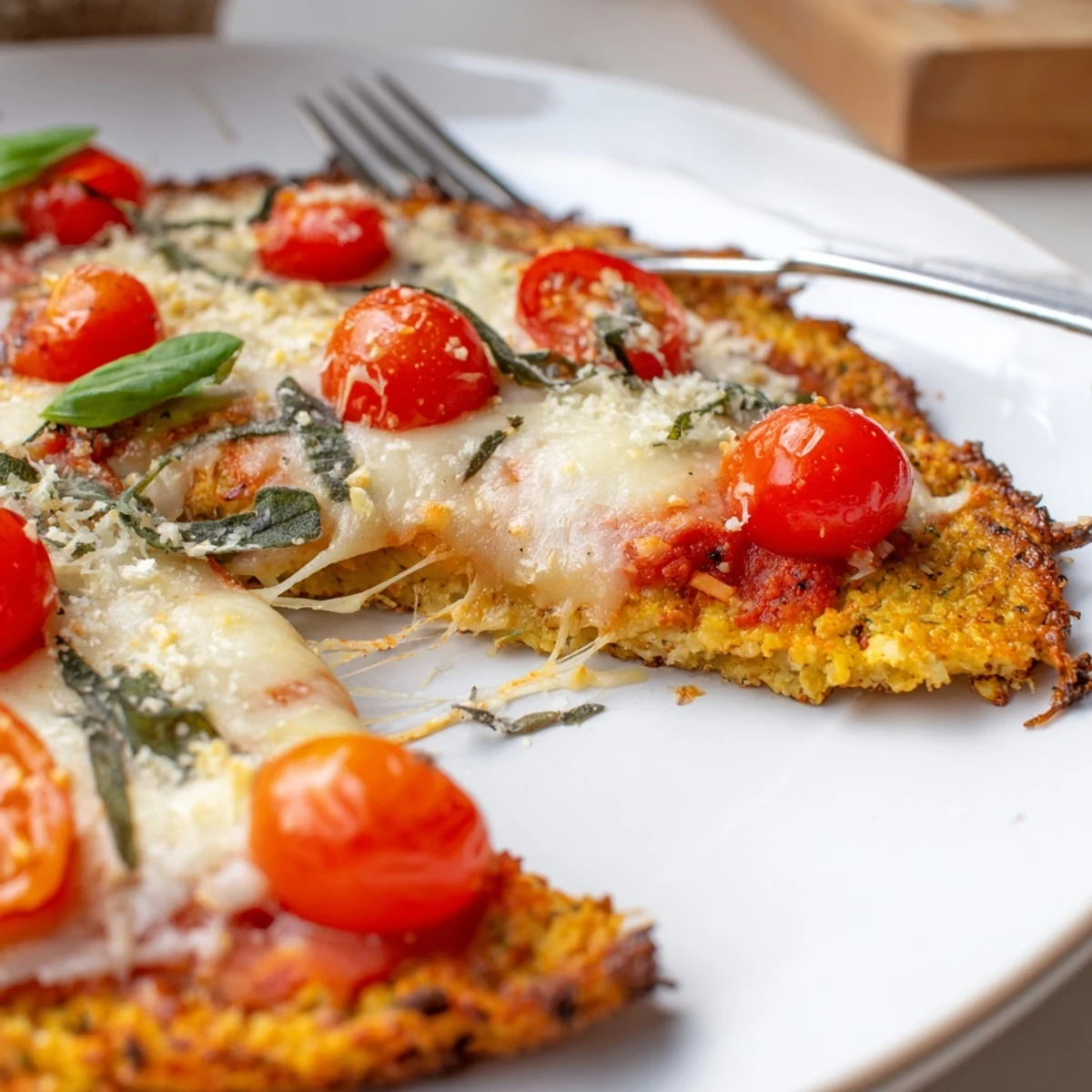 Slice of Stone Baked Cheesy Cauliflower Keto Pizza showing crisp edges, melty cheese