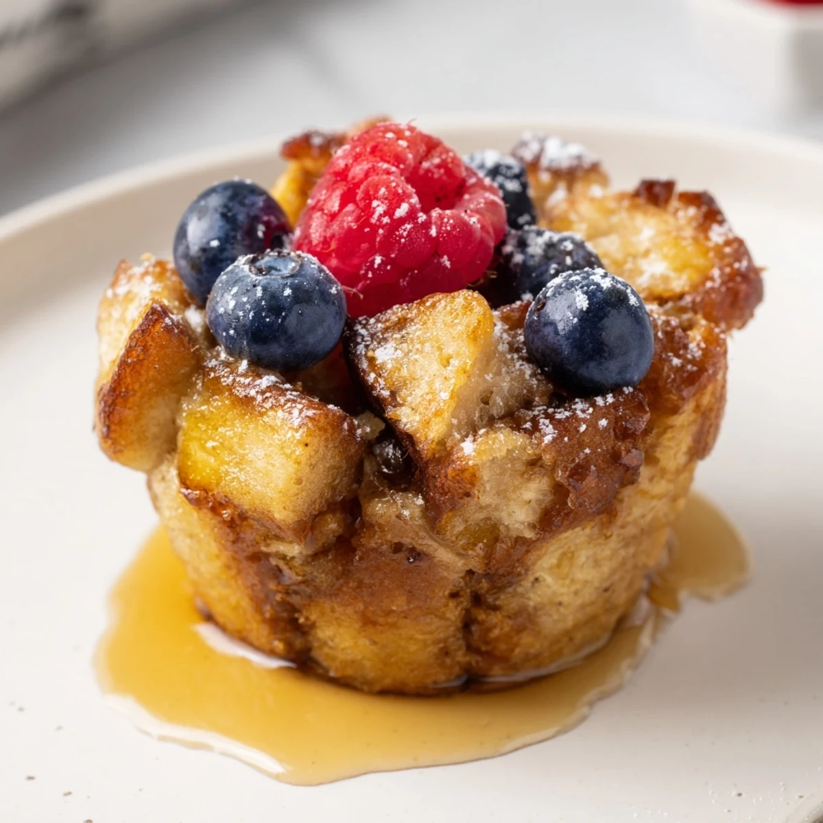 Baked French Toast Cups cooling in muffin tin, dusted with powdered sugar