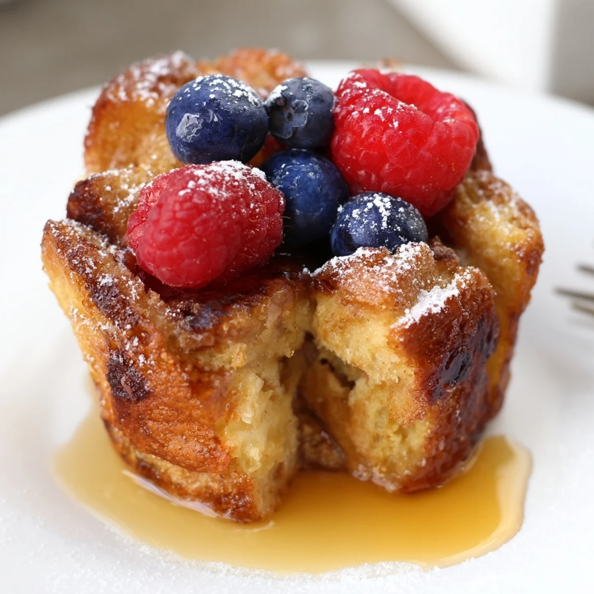 Warm Baked French Toast Cups, golden edges, fluffy centers, maple syrup drizzle