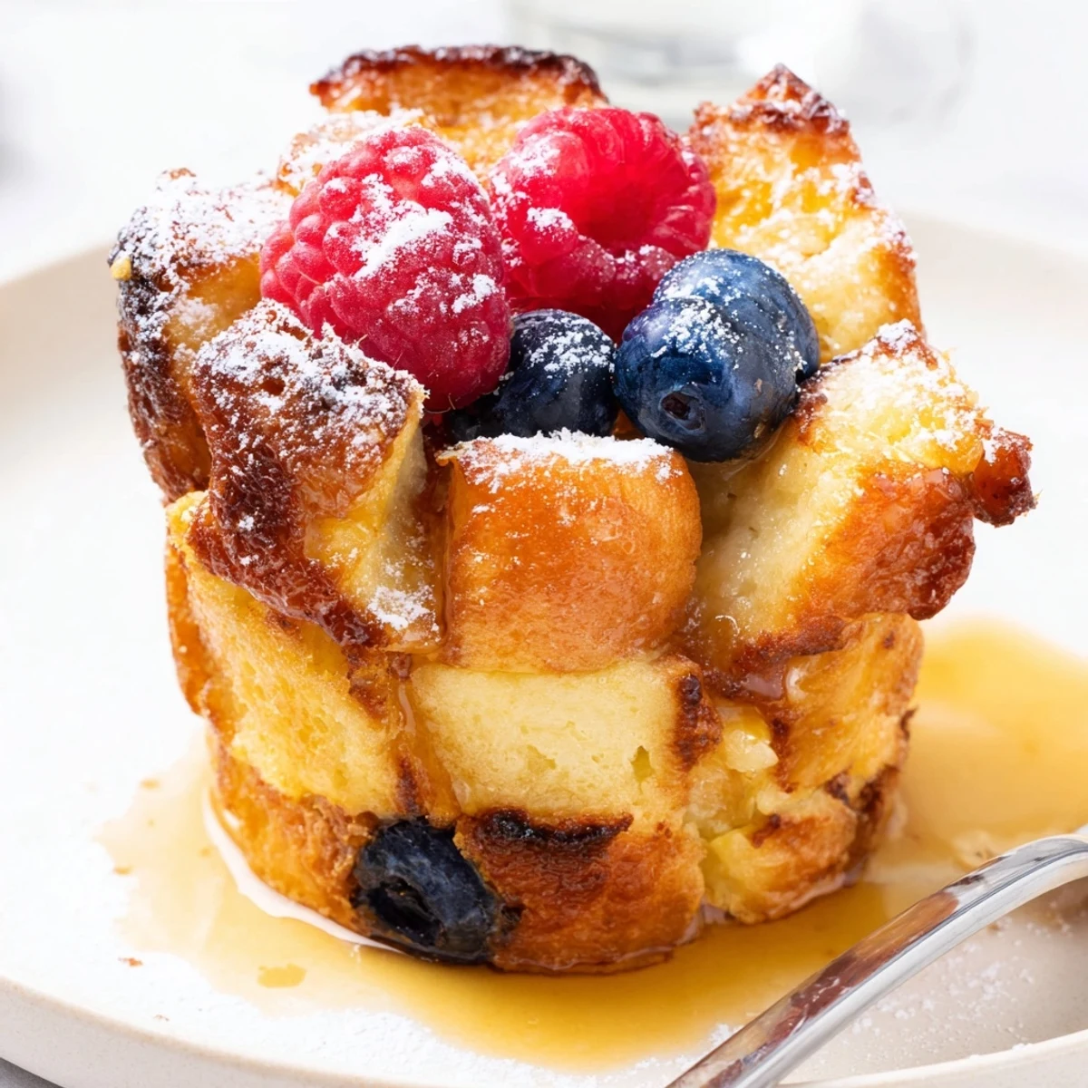 Baked French Toast Cups stacked with berries, crisp tops and custardy interior