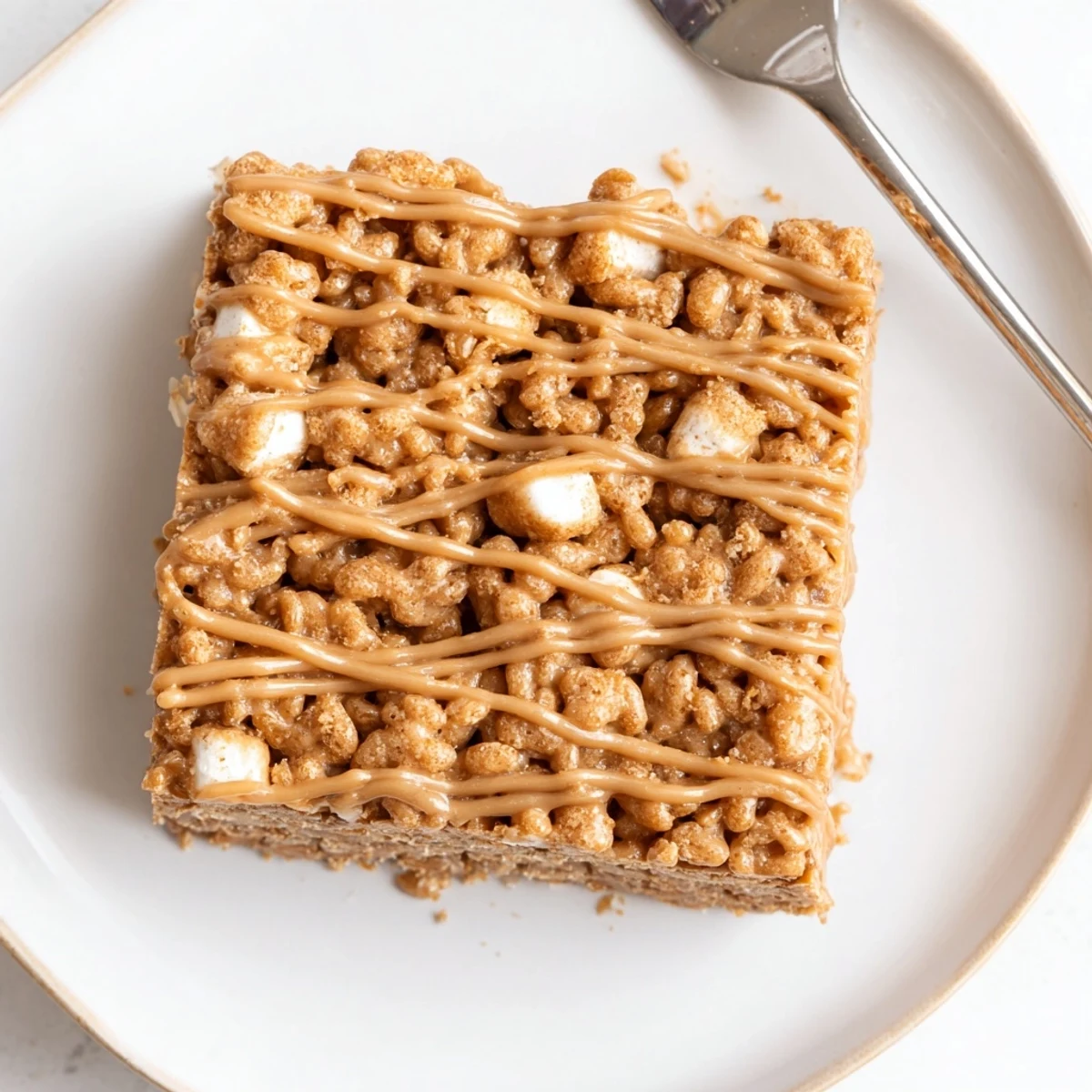 Warm Biscoff Rice Krispie Treats drizzled with melted spread, perfect with coffee
