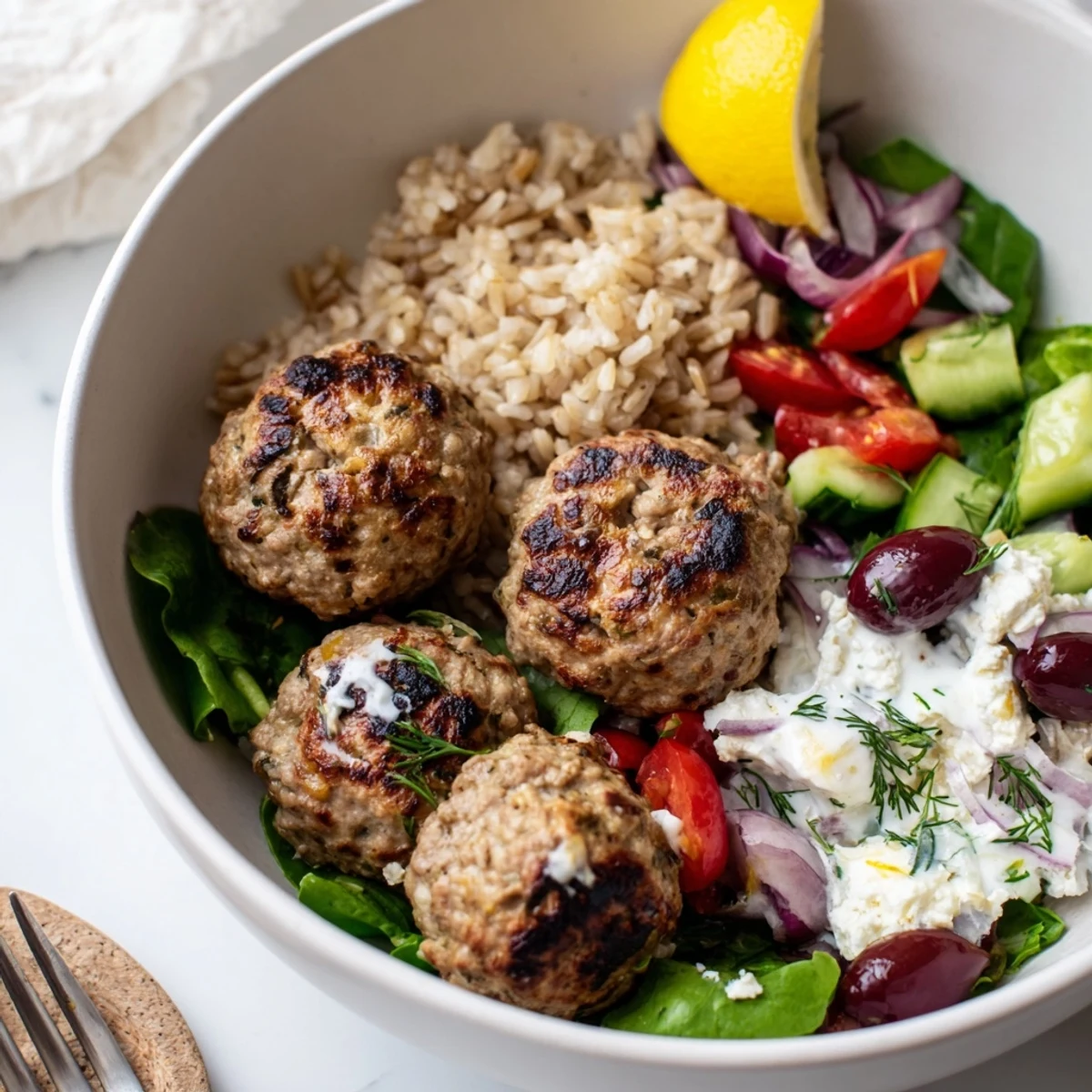 Turkey Mediterranean Meatballs Bowl with juicy baked meatballs and tangy yogurt