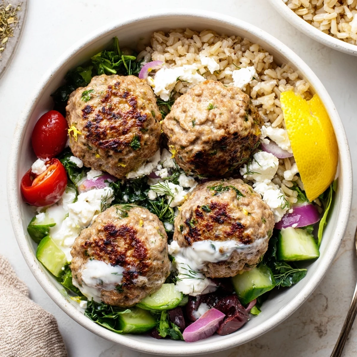 Warm Turkey Mediterranean Meatballs Bowl atop fluffy quinoa, bright lemon wedges
