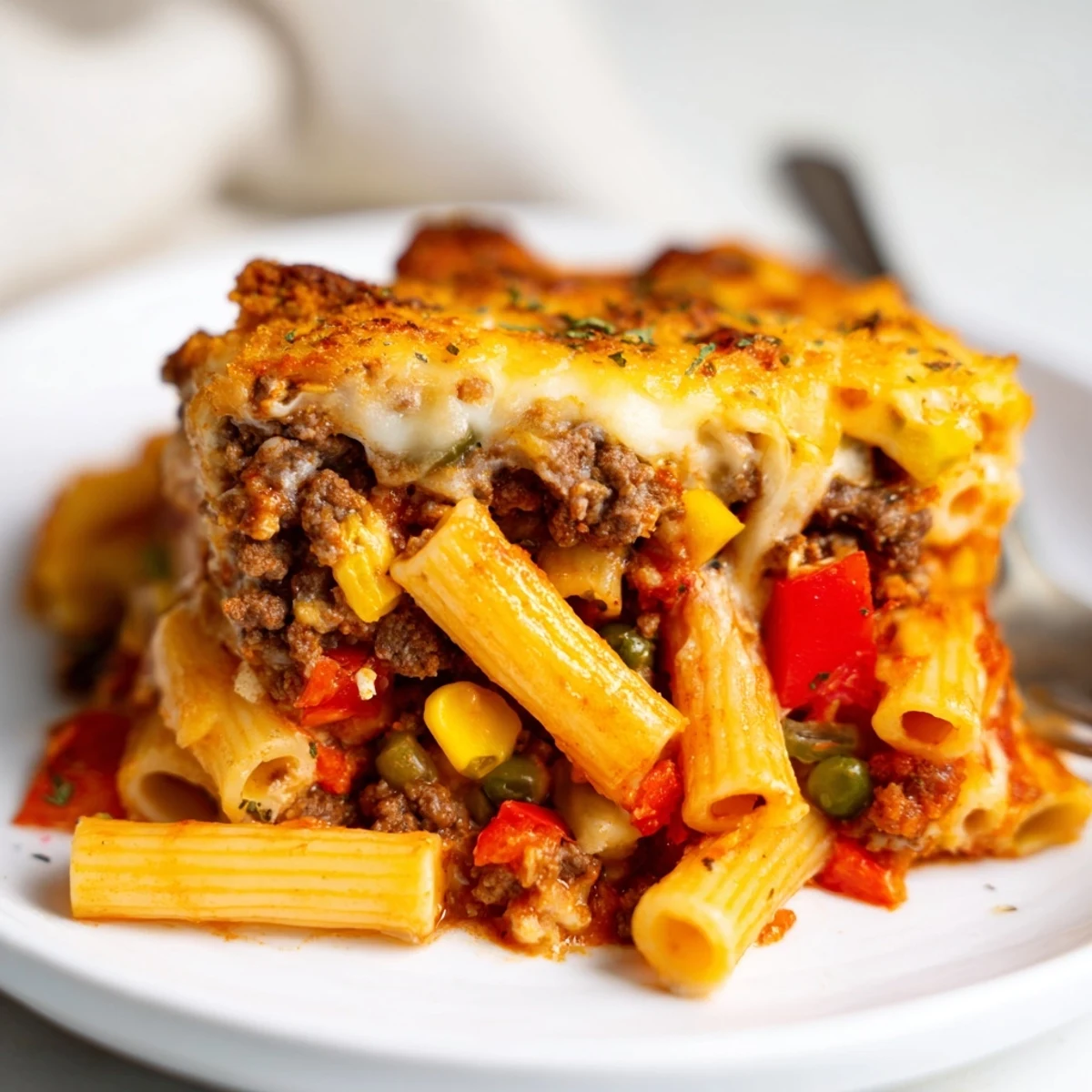 Hearty Cheesy Baked Casserole with bubbling golden cheese, steaming from the oven