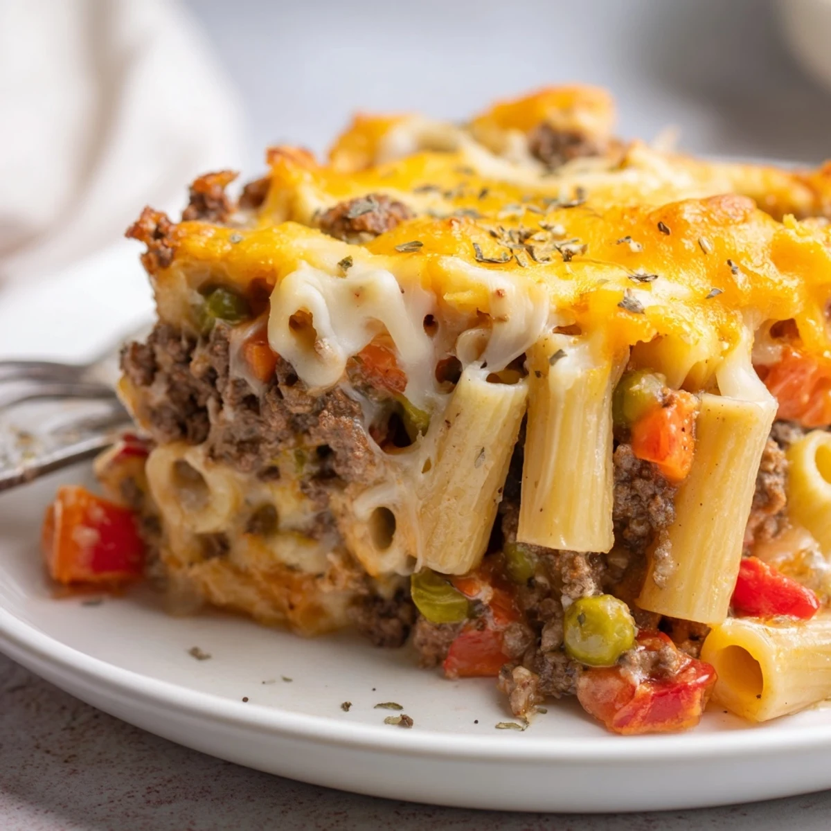 Serve warm Hearty Cheesy Baked Casserole with crisp green salad and bread
