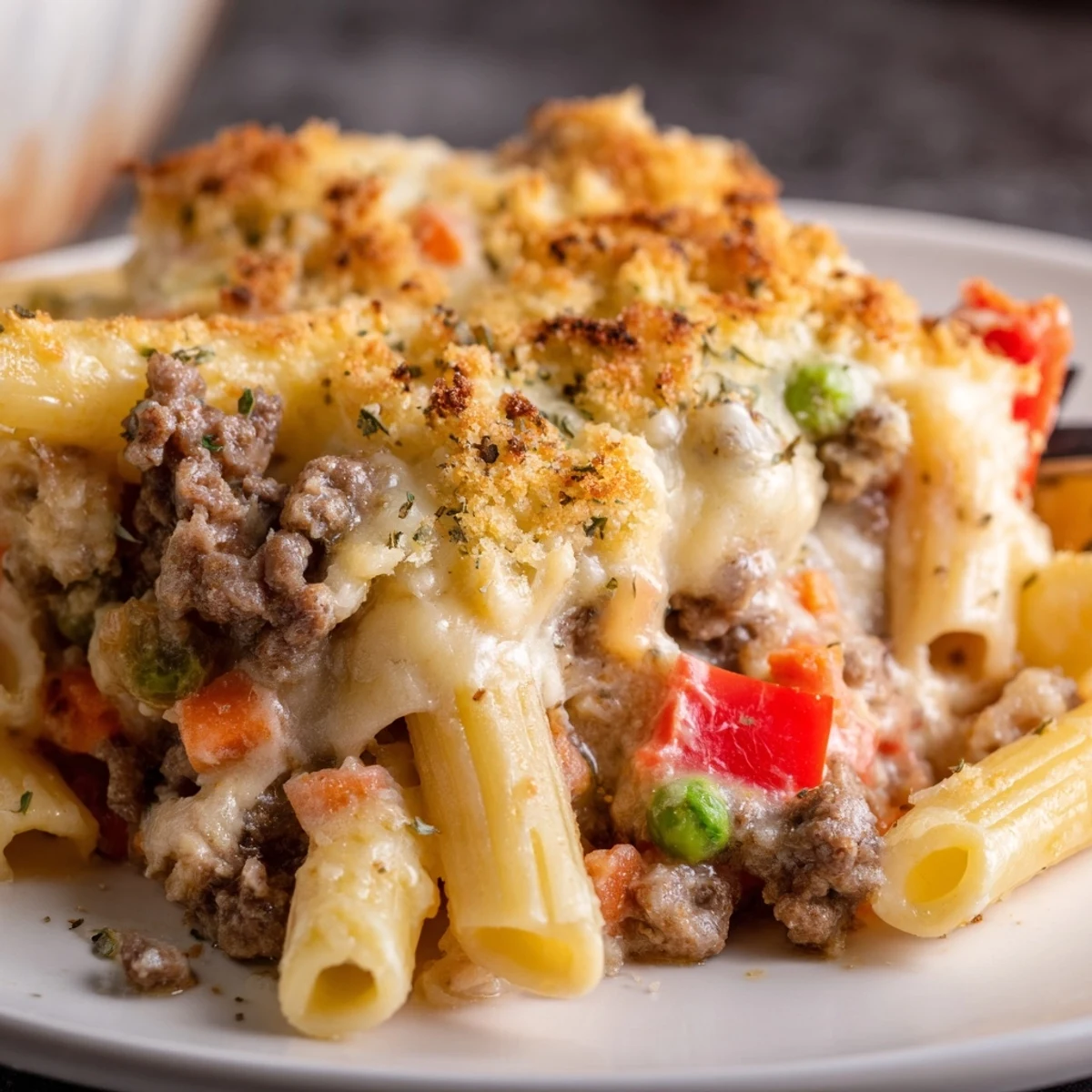 Family sized Hearty Cheesy Baked Casserole sliced, creamy pasta and savory meat visible