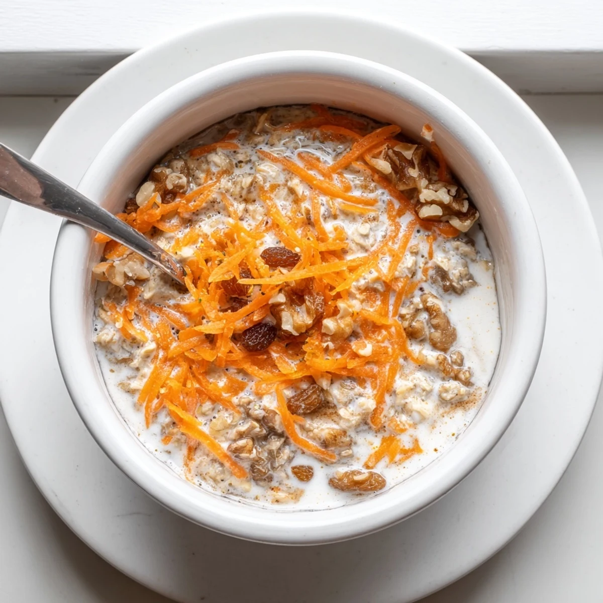 Creamy Carrot Cake Overnight Oats with shredded carrot, warm spices, walnut topping.