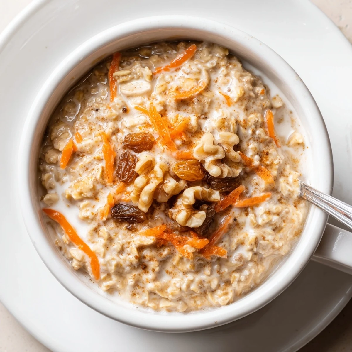 Chilled Carrot Cake Overnight Oats topped with maple drizzle and toasted pecans.
