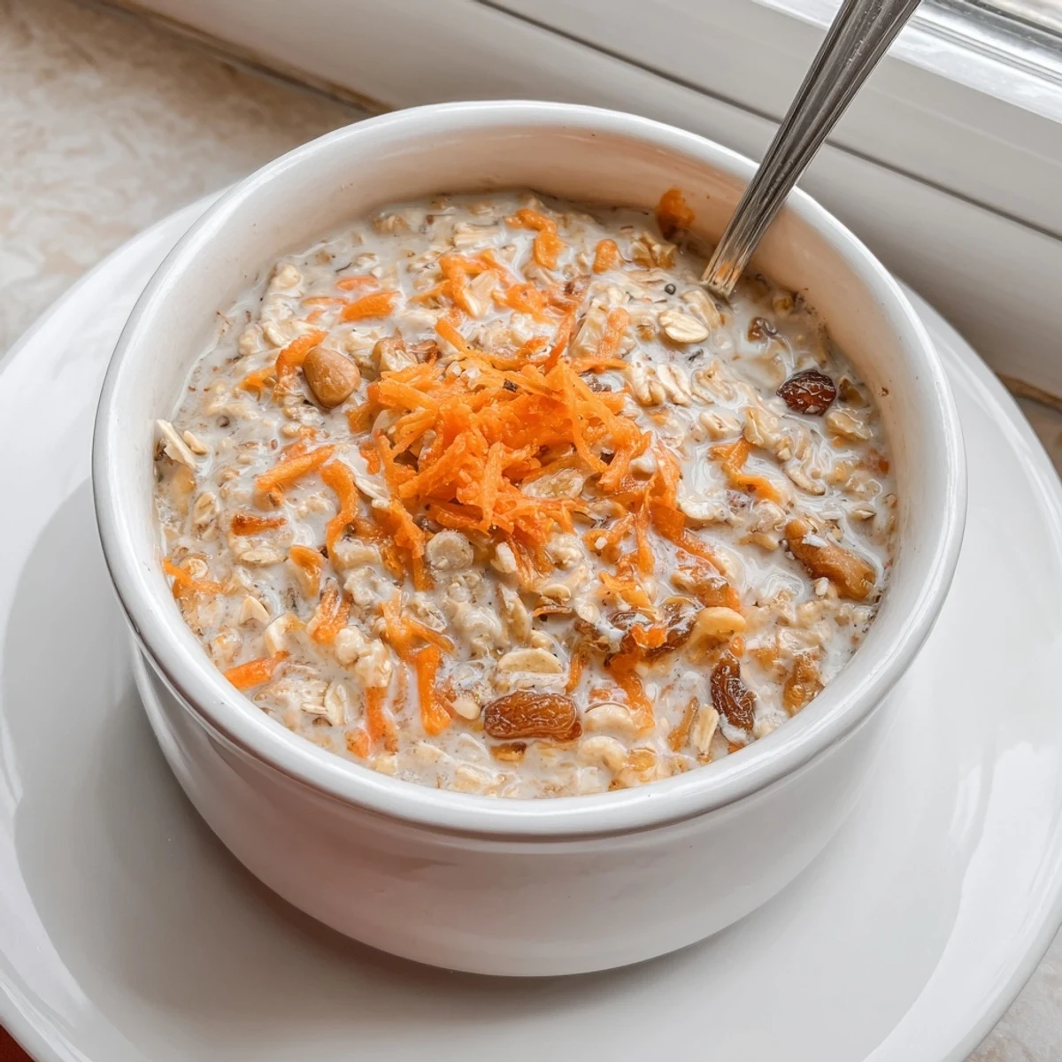 Morning jar of Carrot Cake Overnight Oats, warm cinnamon aroma, creamy, studded with raisins.