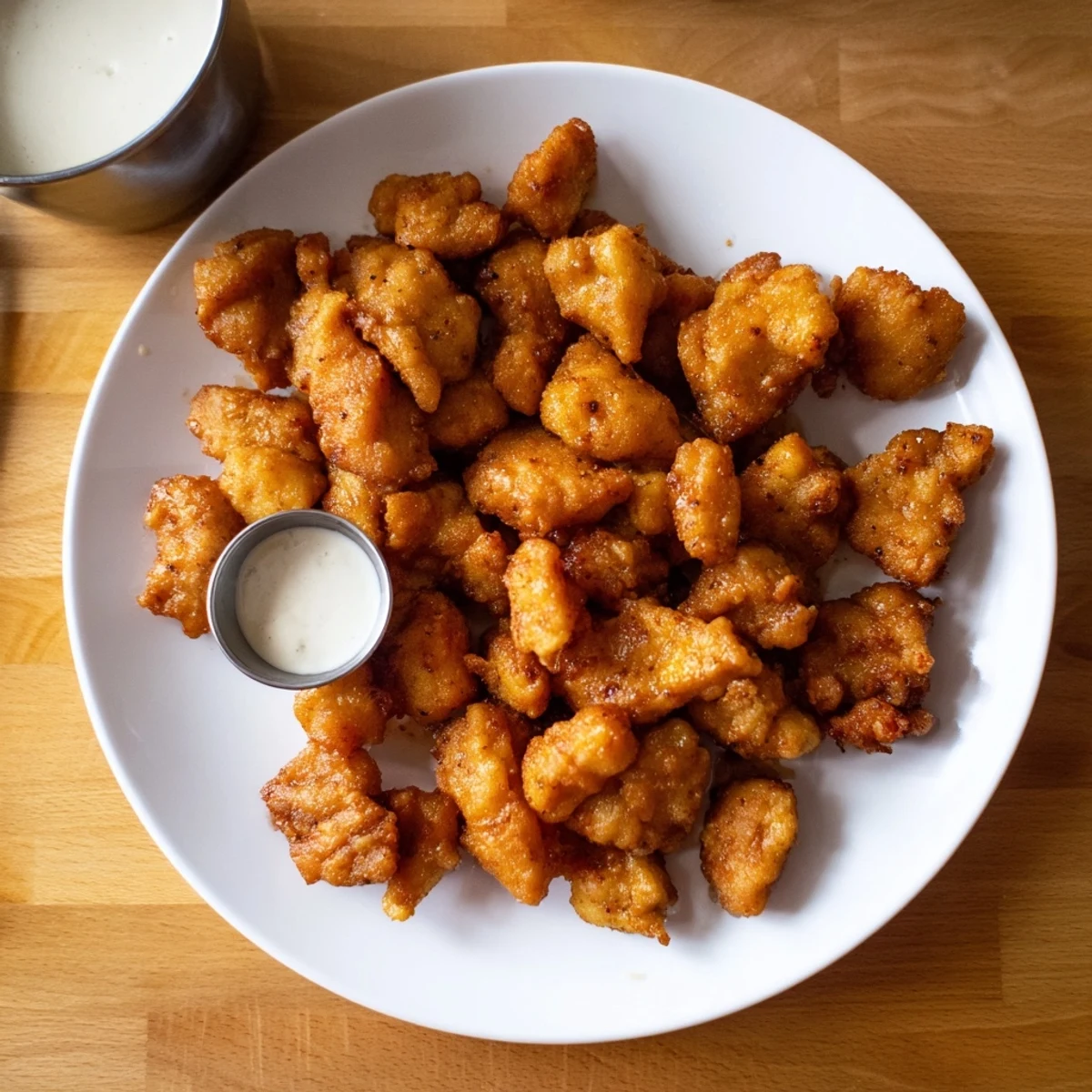Crispy golden Chicken Bites piled on plate, steaming, served with ranch.