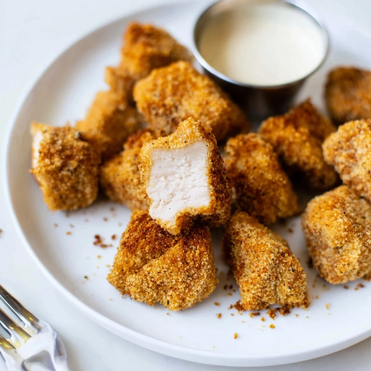 Close-up of fried Chicken Bites showing textured coating, served with honey-mustard.