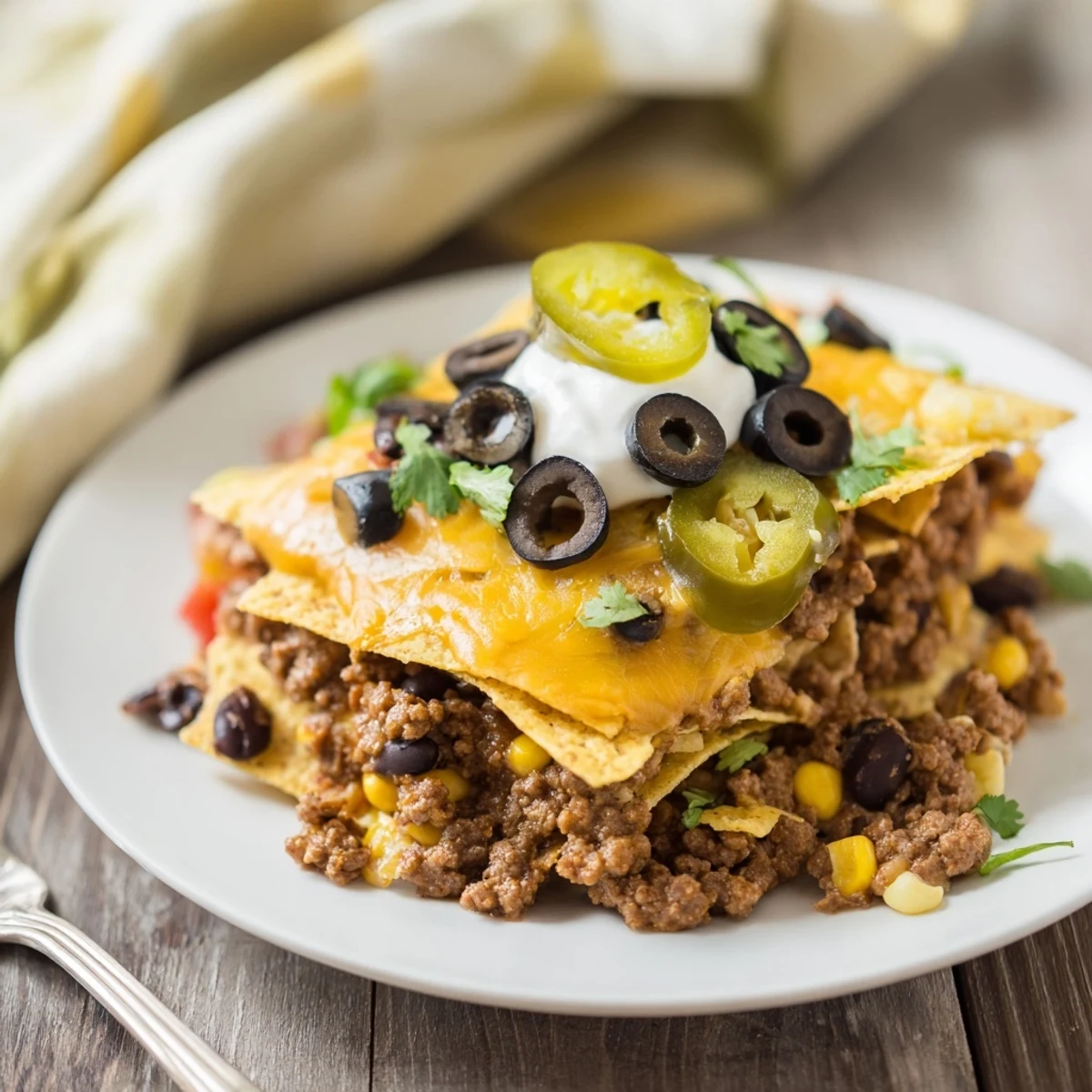 Bubbly Cheesy Nacho Casserole with golden melted cheese and crisp tortilla edges