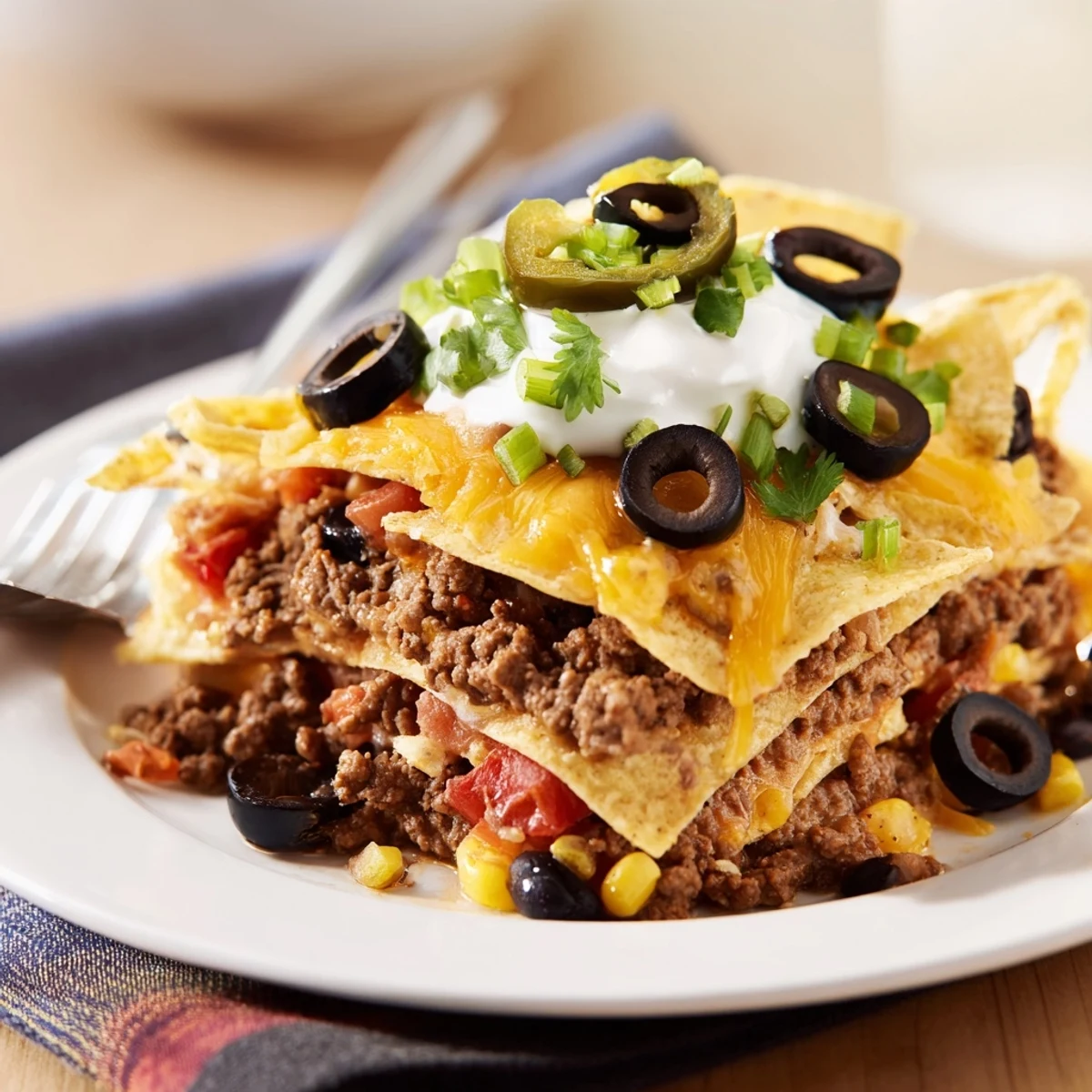 Family style Cheesy Nacho Casserole topped with sour cream, cilantro, and jalapeños