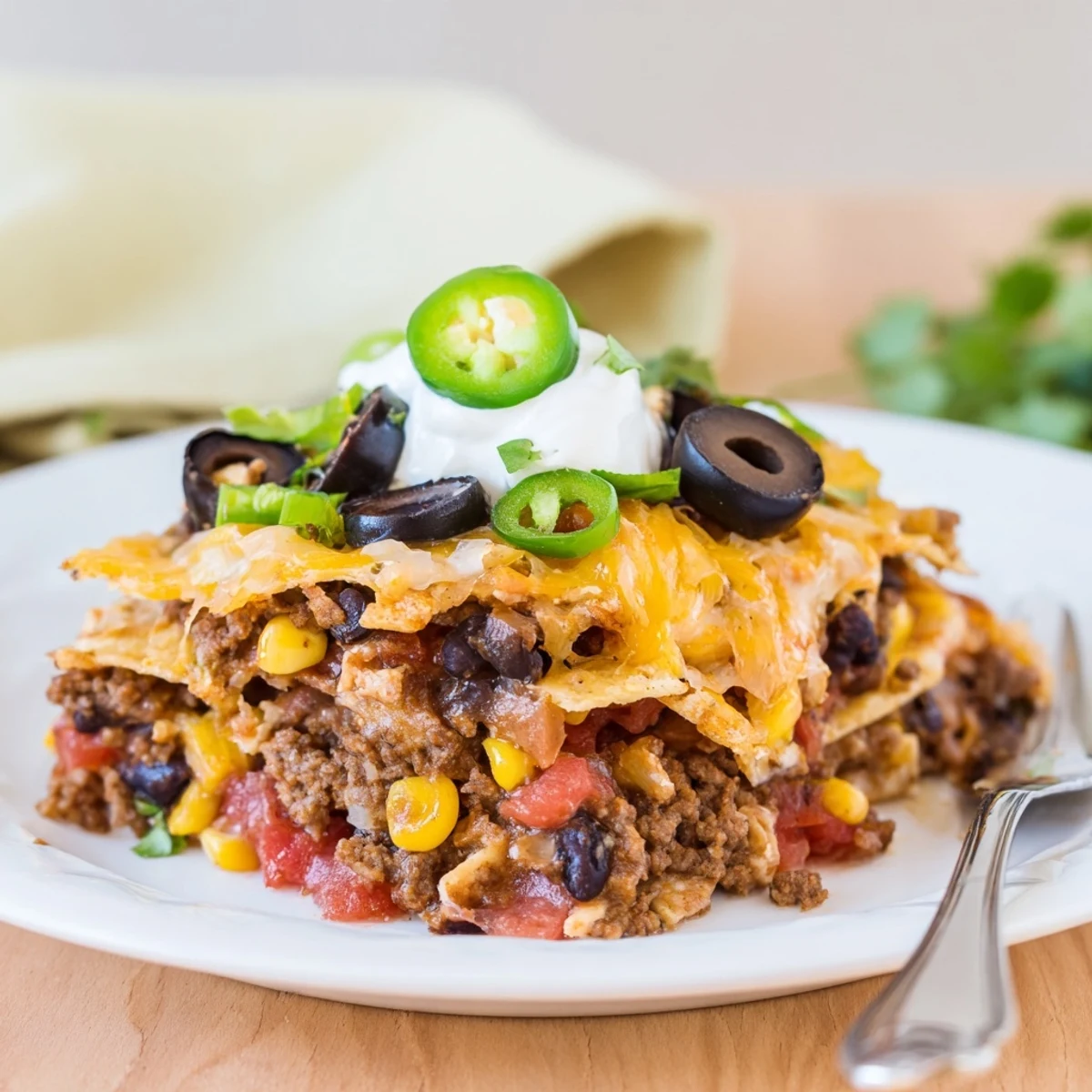 Oven baked Cheesy Nacho Casserole layered with seasoned beef, beans, and crunchy chips