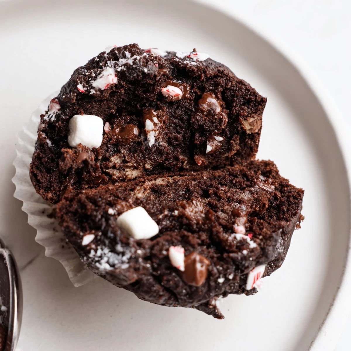 Peppermint Hot Chocolate Muffins steaming on a cooling rack with melted chips.