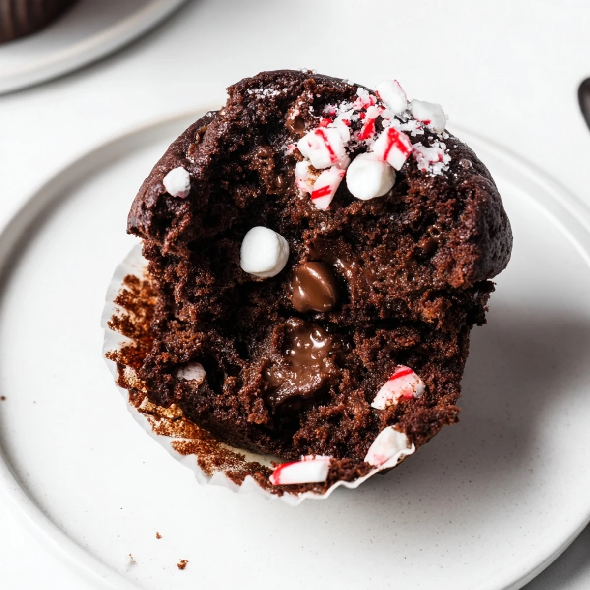 Warm Peppermint Hot Chocolate Muffins topped with crushed candy and mini marshmallows.
