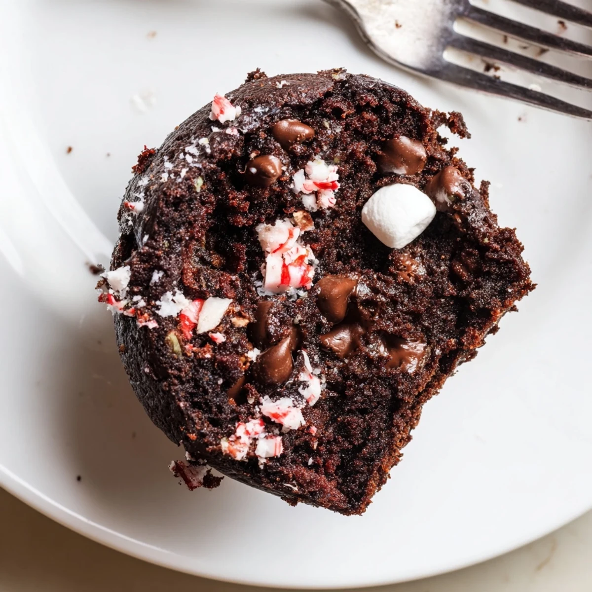 Close-up of Peppermint Hot Chocolate Muffins beside a mug of hot chocolate.