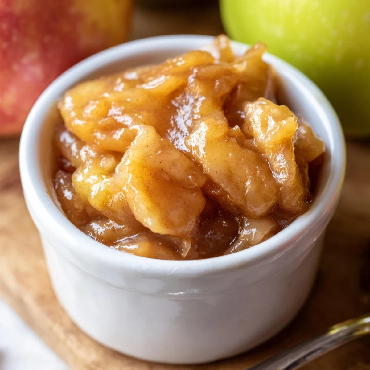 Jar of Fall Caramel Apple Jam glistening, chunky apples and warm spices