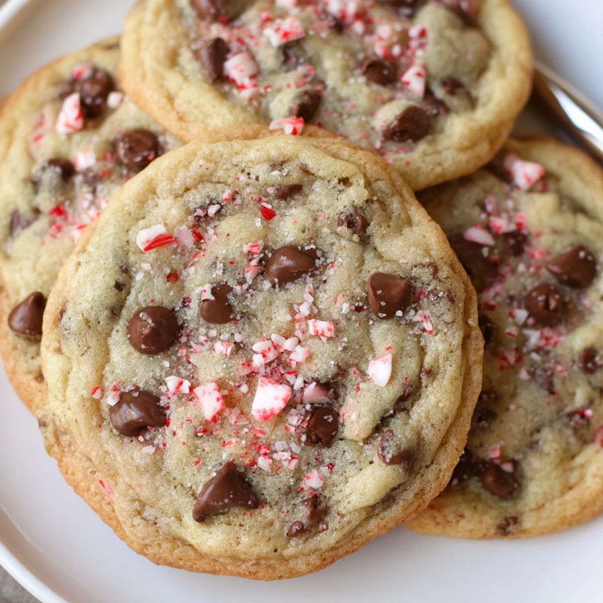 Peppermint Chocolate Chip Cookies cooling on a rack, glossy chocolate chips, minty flecks