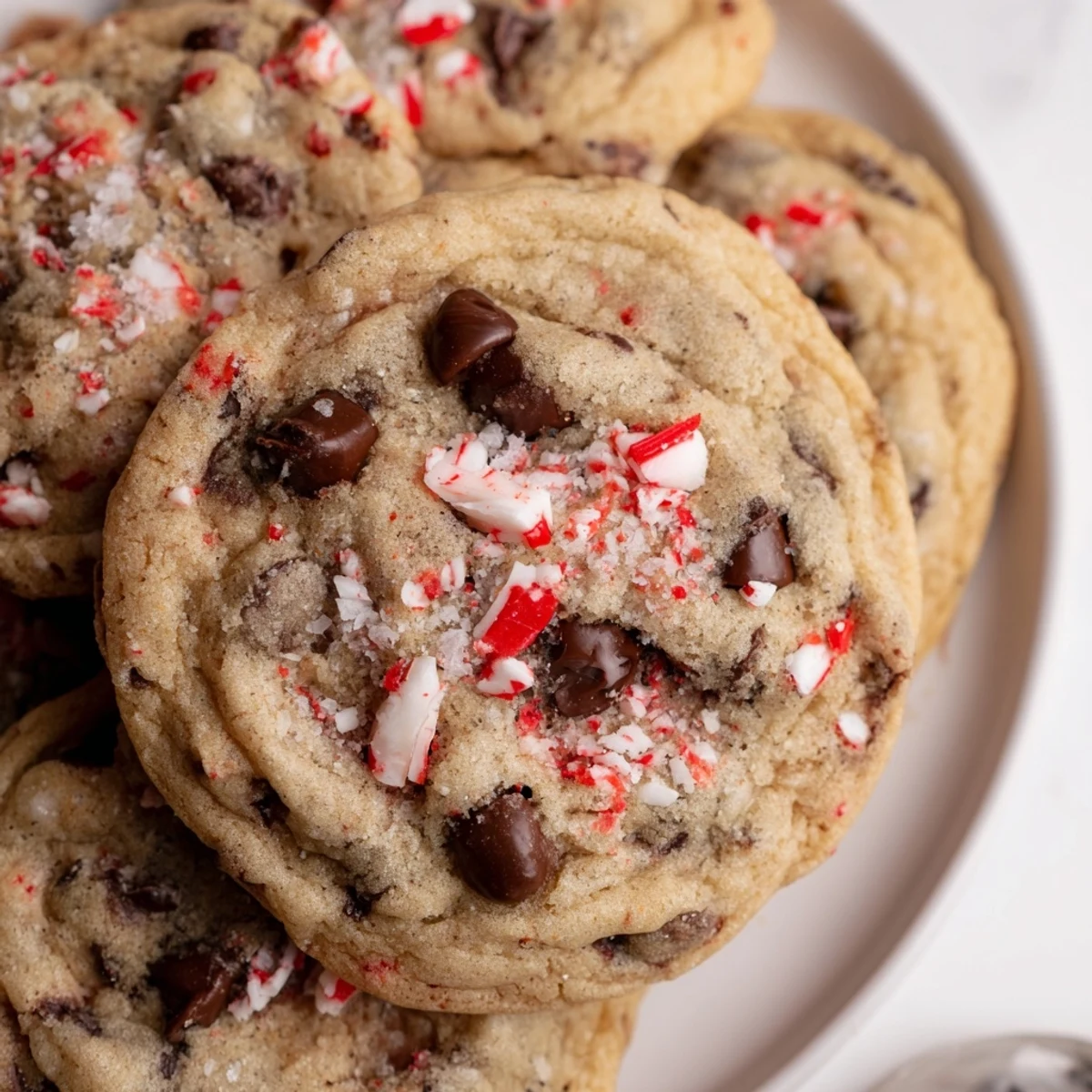 Warm Peppermint Chocolate Chip Cookies with melty chips, crushed candy cane garnish