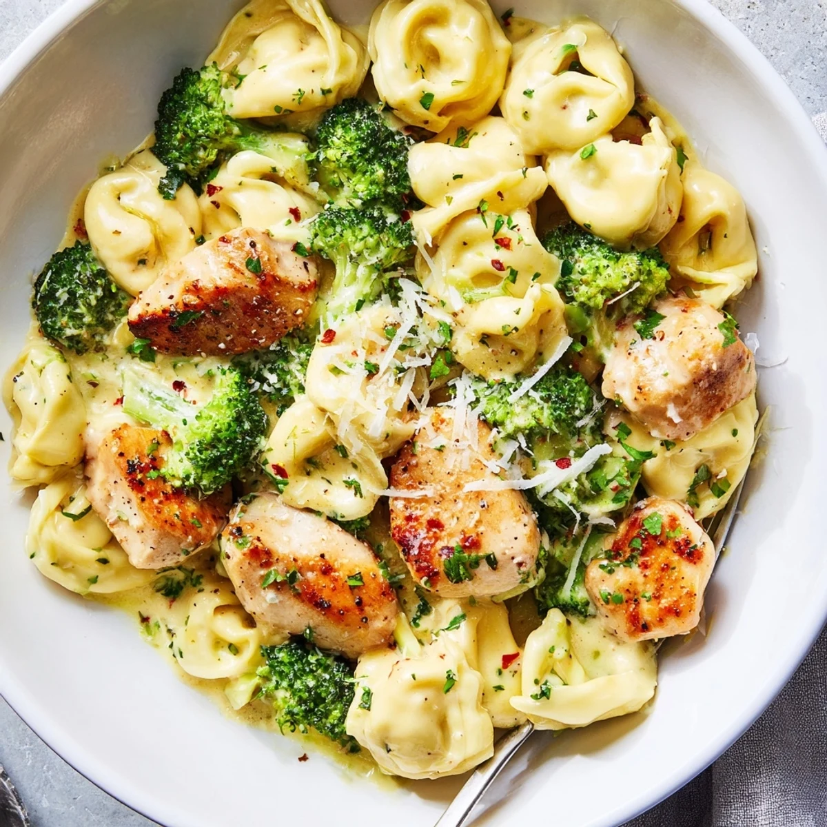 Bowl of Creamy Garlic Parmesan Tortellini Chicken Broccoli with silky sauce, parsley