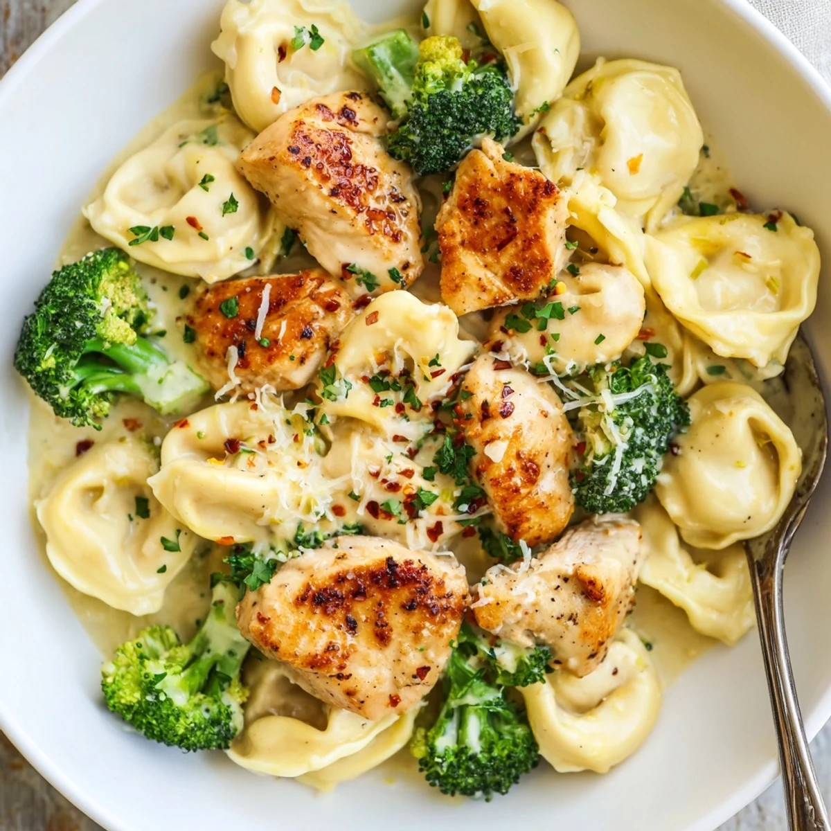 Homestyle Creamy Garlic Parmesan Tortellini Chicken Broccoli, fork-ready, served with crusty bread