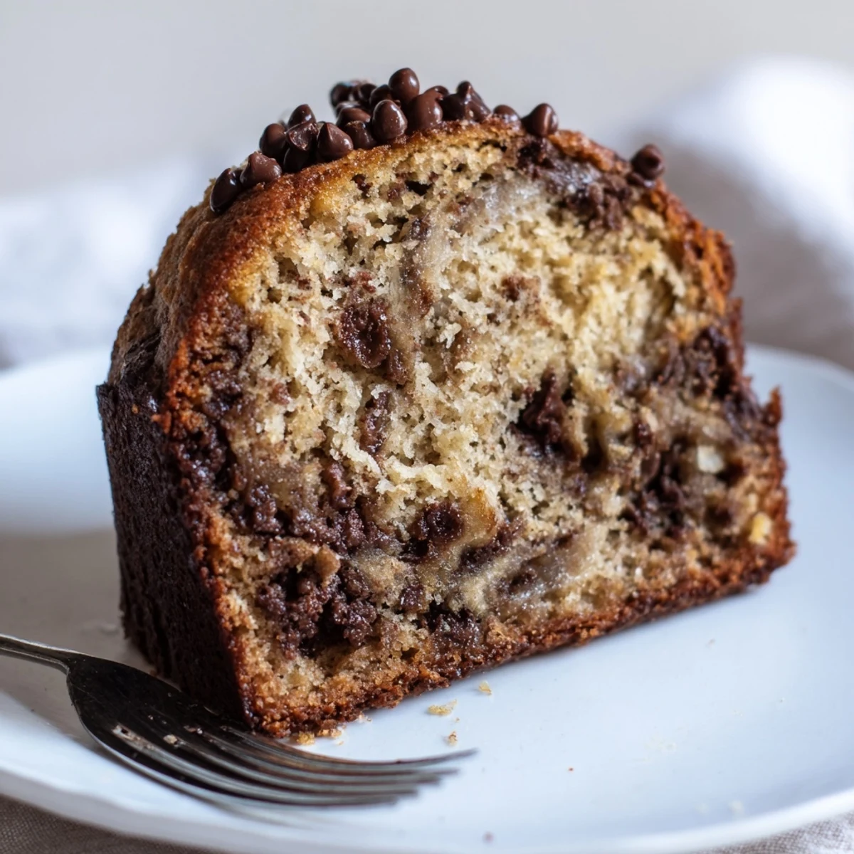 Banana Chocolate Chip Cake Recipe—tender, moist crumb dotted with melted chocolate