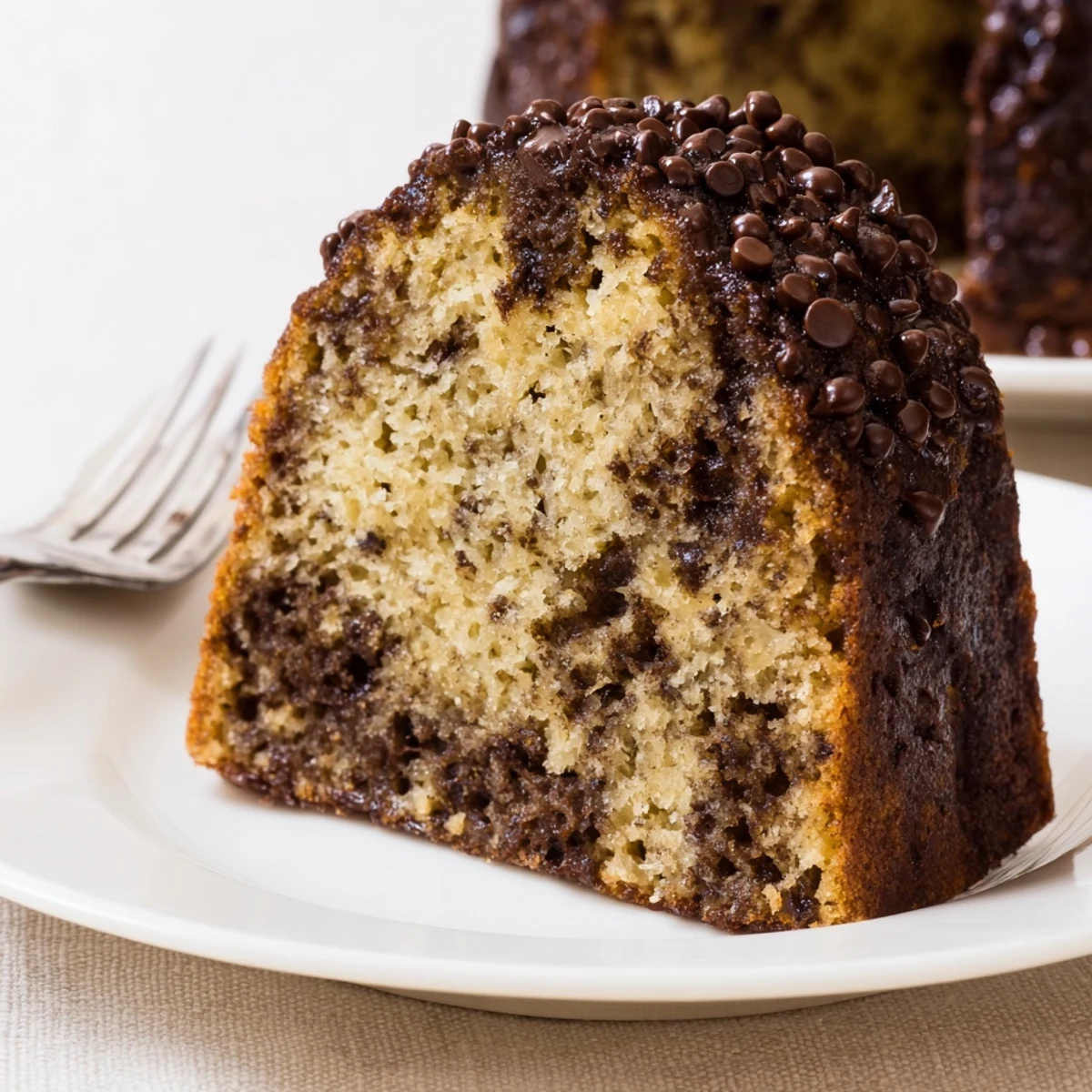 Warm square of Banana Chocolate Chip Cake Recipe with crisp edges, gooey chips