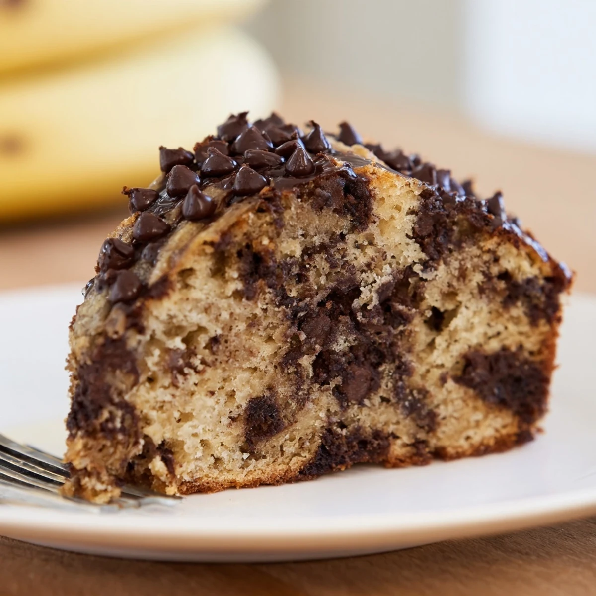 Slice of Banana Chocolate Chip Cake Recipe cooling on wire rack, steaming slightly