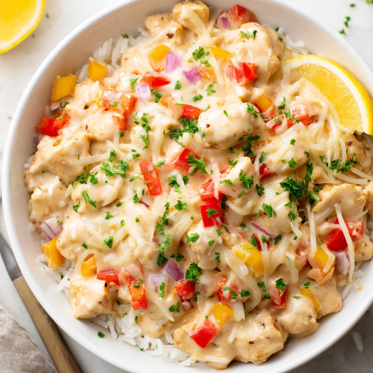 Creamy Cajun Chicken Rice Bowls steaming, tender chicken, vibrant peppers, parsley garnish
