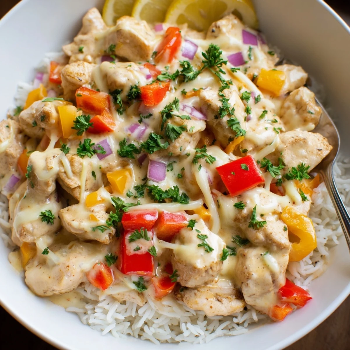 Weeknight-ready Creamy Cajun Chicken Rice Bowls with silky sauce and lemon wedge