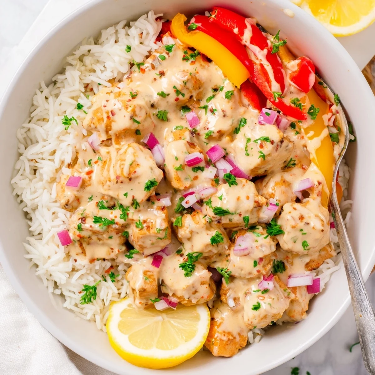Loaded Creamy Cajun Chicken Rice Bowls over fluffy rice, smoky spice, creamy sauce