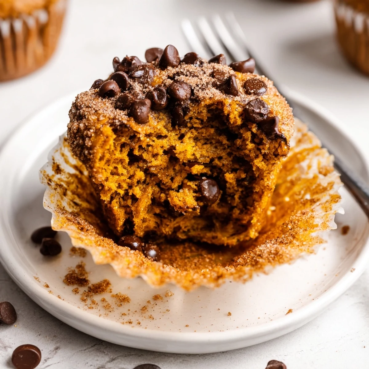 Moist Pumpkin Banana Muffins studded with chocolate chips and toasted walnuts.
