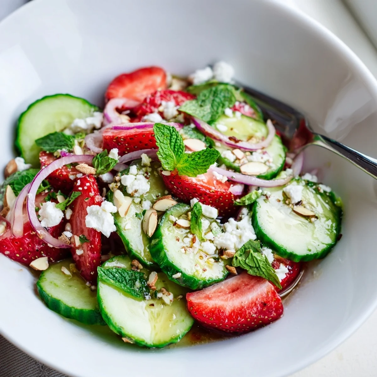 Cucumber Strawberry Salad glistening with balsamic dressing, crisp cucumbers and mint  
